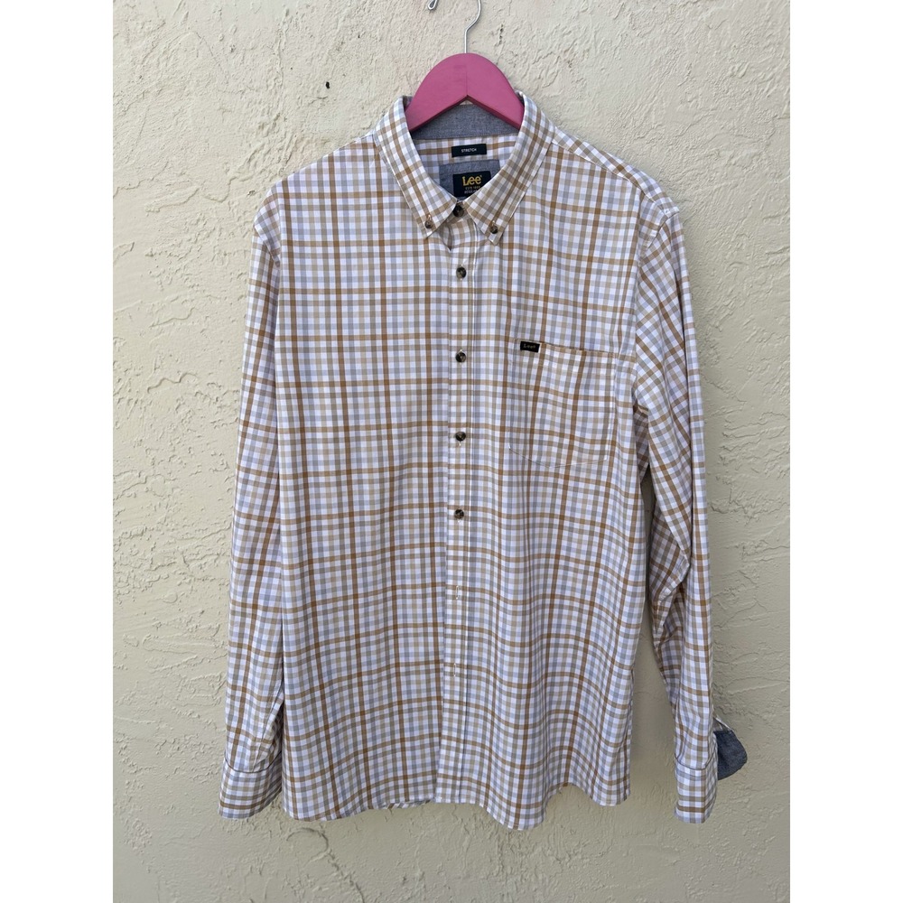 Lee Mens Gingham Check Button Down Shirt Tan White Stretch Long Sleeve XL